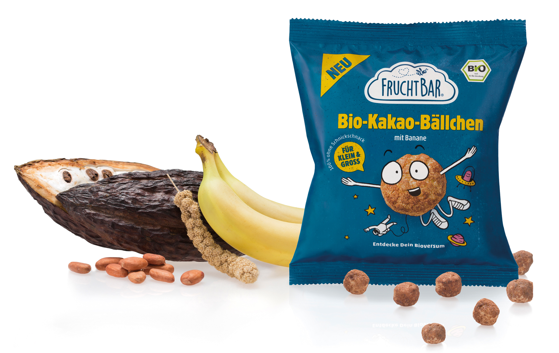 FruchtBar Bio-Schoko-Kakao-Bällchen Verpackung mit Kakaobohne