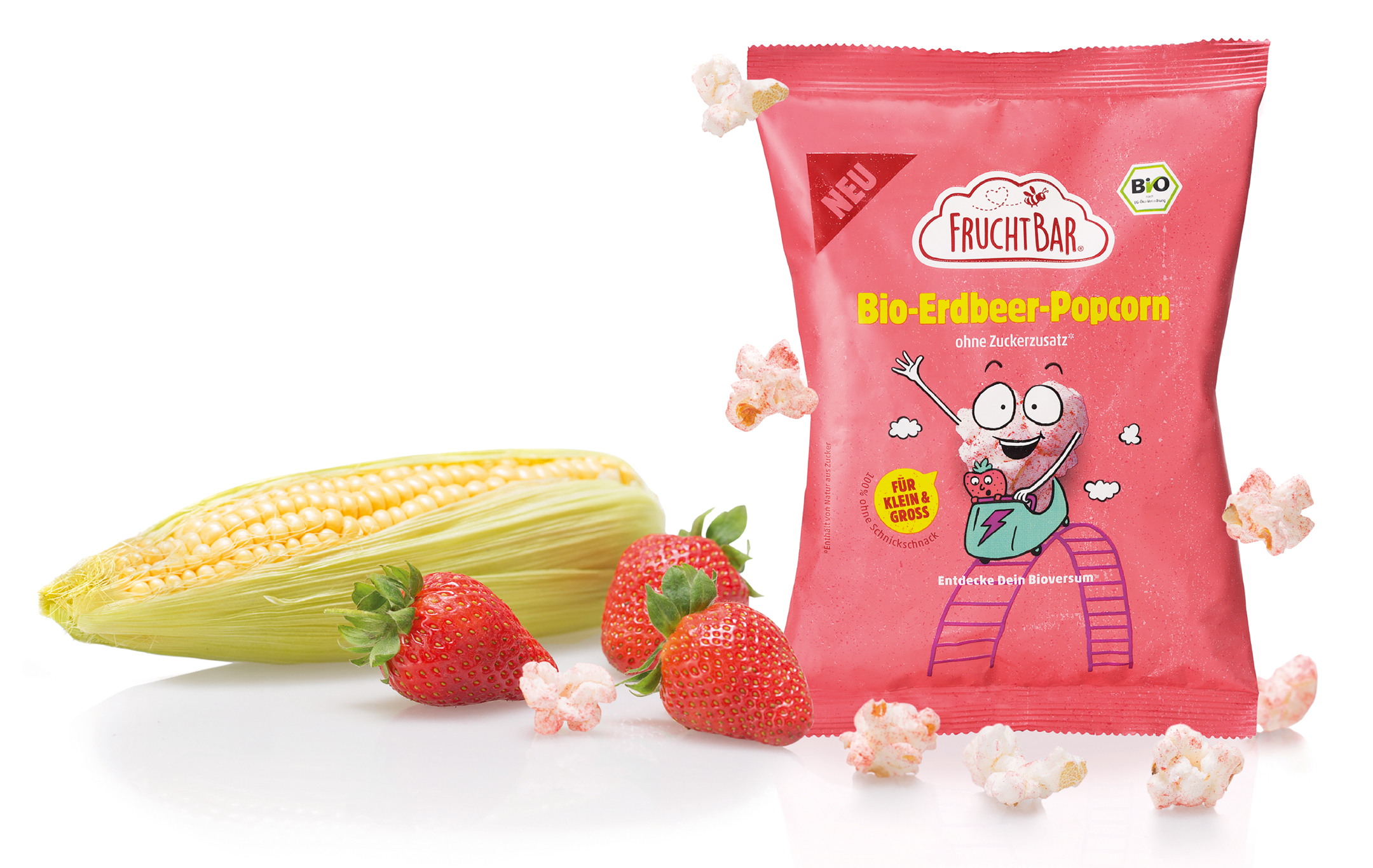 FruchtBar Bio-Erdbeer-Popcorn Verpackung mit Maiskolben und Erdbeeren