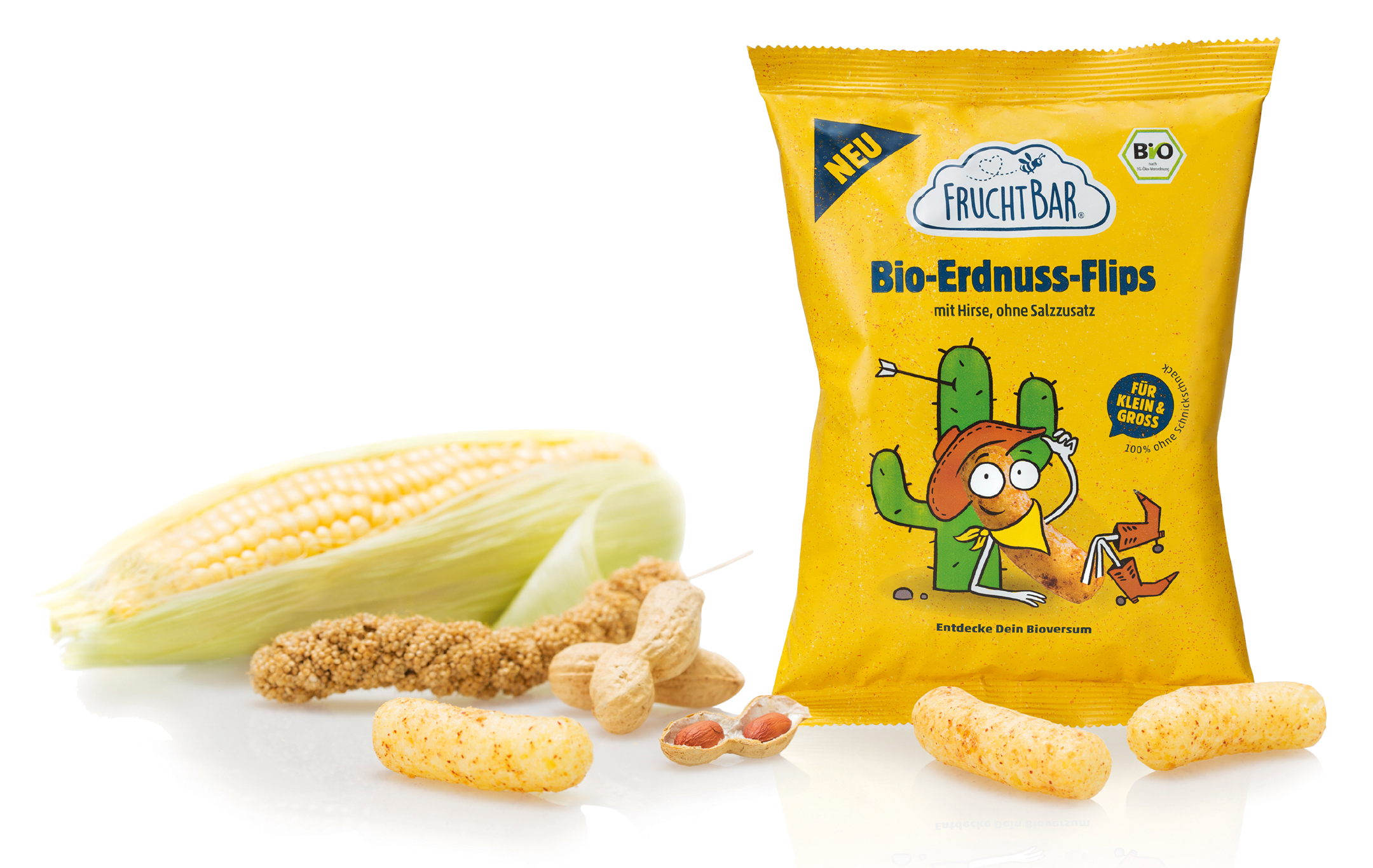 FruchtBar Bio-Erdnuss-Flips Verpackung mit Maiskolben Hirse und Erdnüssen